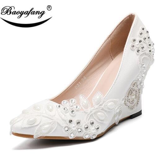 BaoYaFang new arrive 2019 White Flower Lace Wedges wedding shoes Woman Pointed Toe Fashion Ladies Pumps Party Dress shoes Pearl