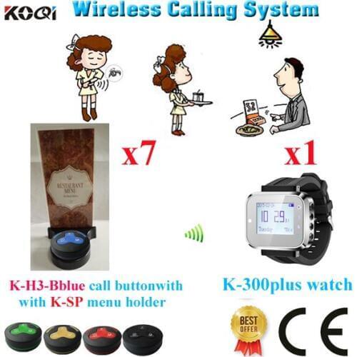 Wireless Table Buzzer Call System For Restaurant With Watch Receiver Transmitters & Menu Holder(1 watch+7 button+7 menu holder)