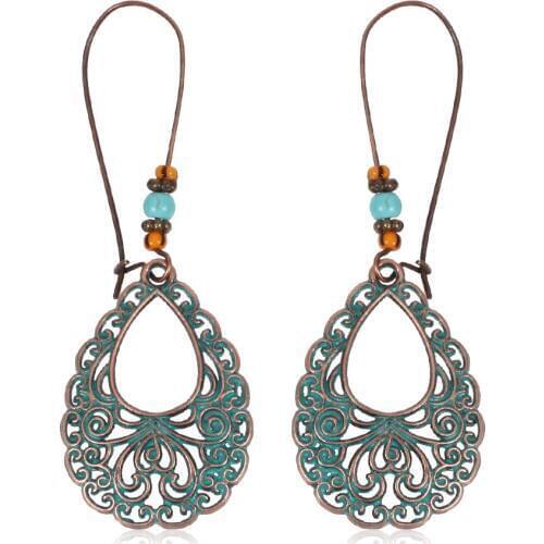 HC Vintage Flower Carved Water Drop Earrings for Women Bohemian Metal Jewelry Girl Female Antique Dangle Earrings Party Gift F