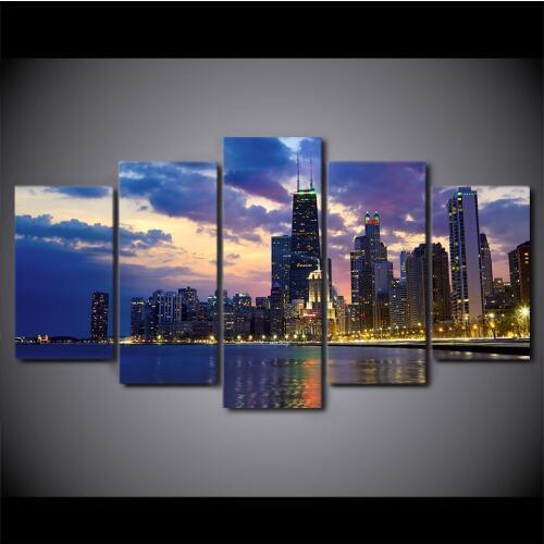 HD Painting Canvas Printed Wall Art 5 Pieces Busy City Chicago Night View For Living Room Home Decor Poster Modern Picture Frame