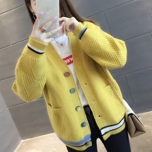 Winter Cardigan Warm Knitted Sweater Women Jacket Pocket Single Breasted V-Neck Knit Cardigans Coat Female casual Loose Sweaters