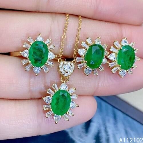 KJJEAXCMY fine Jewelry 925 sterling silver inlaid natural Emerald girl fashion pendant ring earring set support test hot selling
