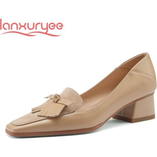 Lanxuryee sheep suede square toe med heel fringe decoration Korean street beauty lady daily wear slip on spring women pumps L28