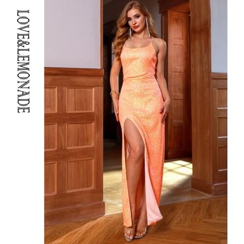 LOVE&LEMONADE Bright Orange Strap Whit Split Sequins Party Maxi Dress LM83080
