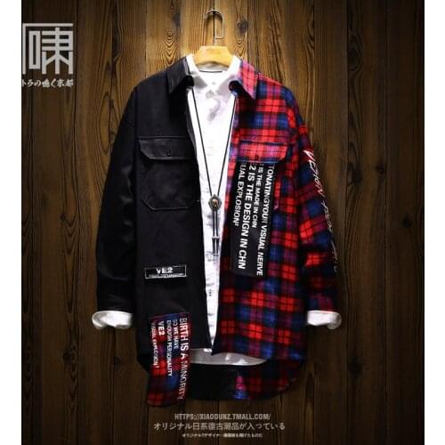 Fashion Brand Stitching Plaid Long-Sleeved Shirt Mens Trendy Mens Fleece-Lined Thermal Long National Fashion Shirt Coat Mens