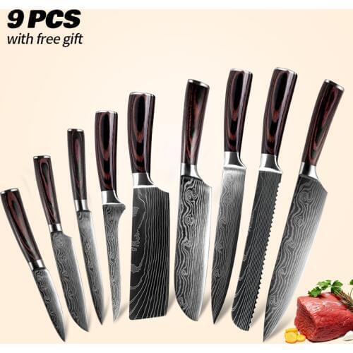 Kitchen Knife Set Damascus Laser Pattern 9PCs 440C Stainless Steel Chef Slicing Bread Santoku Meat Cleaver Boning Fruit Knives