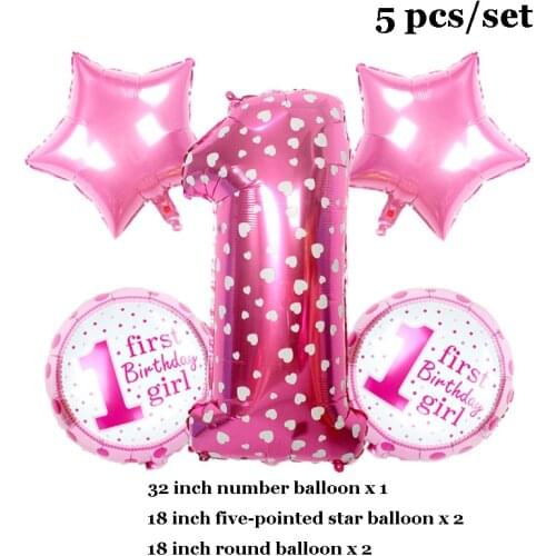 5 Pcs/set 32 Inch Printed Pink Blue Number Balloon Set 18 Inch 1 Year Old Aluminum Foil Balloon Birthday Party Decoration