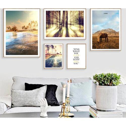 Nordic Style Forest Sunset Scenery Posters Ocean Beach Wall Art Unframe Canvas Painting Landscape For Living Room Pictures Decor