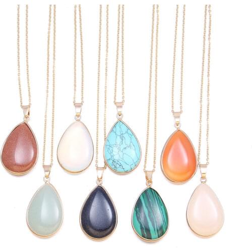 New Natural Stone Agates Crystal Pendant Necklace Drop Shape Turquoises Opal Pendants Long Chain Necklaces for Women Jewelry