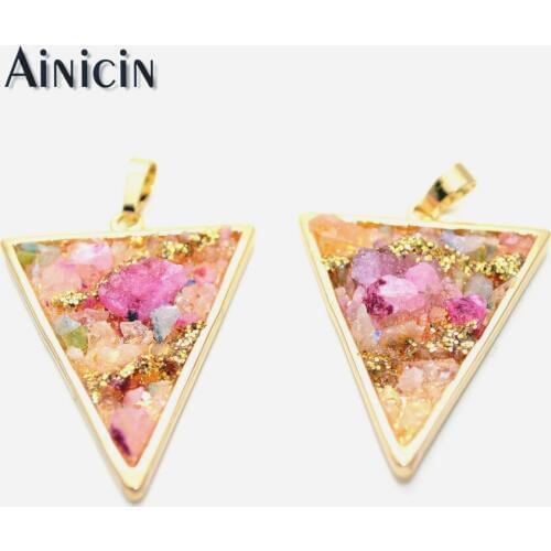 New Arrival Pink Color Druzy Crystal Gravel Paved Triangle Shape Pendant Fashion Earring Necklace Making Findings 5pc/lot