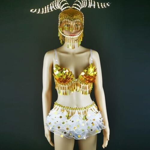 Nightclub Bar Props GoGo Costumes LED Glowing Horns Headdress Sequins Tassel Bikini Tutu Female Singer DJ Party Outfits DWY3843