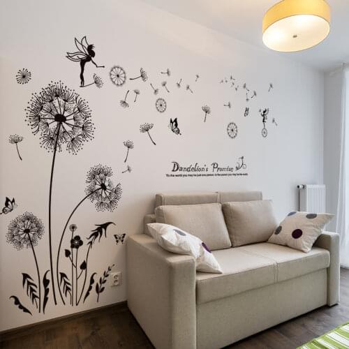 [SHIJUEHEZI] Black Dandelion Elf Wall Stickers Vinyl DIY Flower Plants Mural Decals for Living Room Kids Bedroom Home Decoration