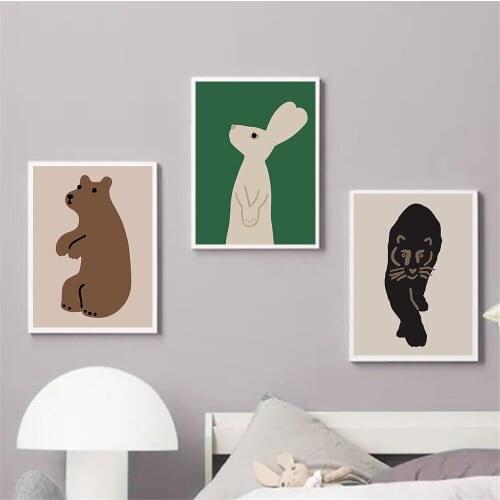 Nordic Rabbit Raccoon Cat Hedgehog Elephant Animal Poster Abstract Wall Art Canvas Painting Nursery Print Baby Kids Room Decor