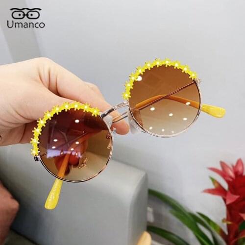2021 Fashion Round Sunglasses for Children with Little Flower Metal Frame AC Lens Sun Glasses Girls Kids Travel Gift Anti UV400