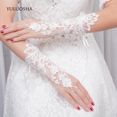 YULUOSHA Wedding Gloves for Bride Fingerless Adult Beaded Lace Gloves Wedding Flower Girl White Gloves Satin Lace Gloves