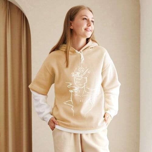 Fake Two Piece Sweatshirt Streetwear Hoodie Harajuku Punk Clothes Female Line Art Funny Hoodies Women Long Sleeve Pullover