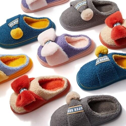 Slippers women 2021 Cute Butterfly-Knot hat Decorate Women Men soft house of slippers Winter warm velvet plush slippers