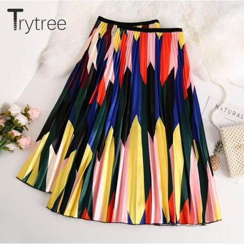 Trytree Summer Autumn Pleated Skirt Womens Multicolor Geometric Printed Mid-Calf Skirts Polyester Elastic Waist A-Line Skirt