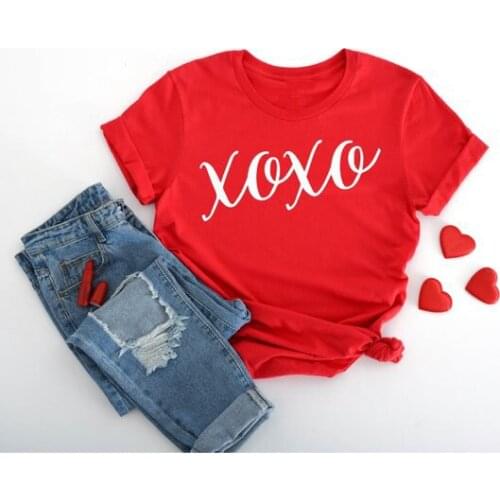 XOXO Valentines T-Shirt Fashion Women Tshirt Aesthetic Letter 100%Cotton Plus Size Shirts Casual Short Sleeve Top Tees