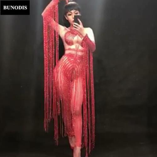 ZD174 Women Long Red Tassel Skirt Red Glass Sparkling Crystals Nightclub Party Clothing Stage Wear Singer Dancer Costume
