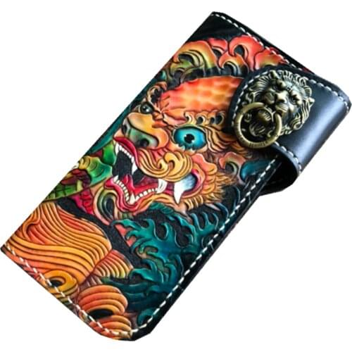 Handmade Carving Lion Women Wallets Card Holder Purses Men Long Clutch Vegetable Tanned Leather Gifts