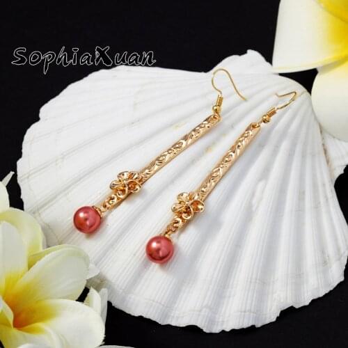 SophiaXuan Hawaiian Dangle Earrings Fashion Colorful Pearl Flower Polynesian Samoa Gold Plated Jewelry Dangle Earrings for Women