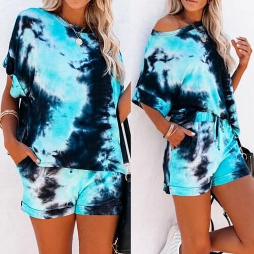 Womens Summer Loose Printing Casual Suit Polyester Casual Loose Tie-dye Round Neck Short Sleeve Shorts Plus Size Home Wear