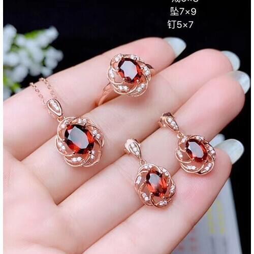 Red Crystal Ruby Gemstones Diamonds Drop Earrings Pendant Necklaces Rings Jewelry Sets Women Rose Gold Color Party Accessories