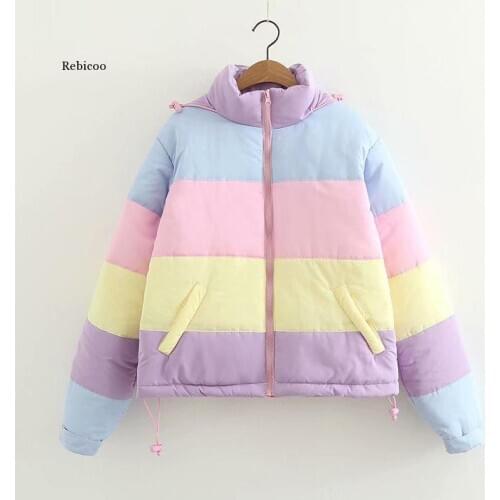 Winter Thicken Rainbow Contrast Womens Down Jacket Loose Padded Student Winter Coat Women Warm College Parka Female
