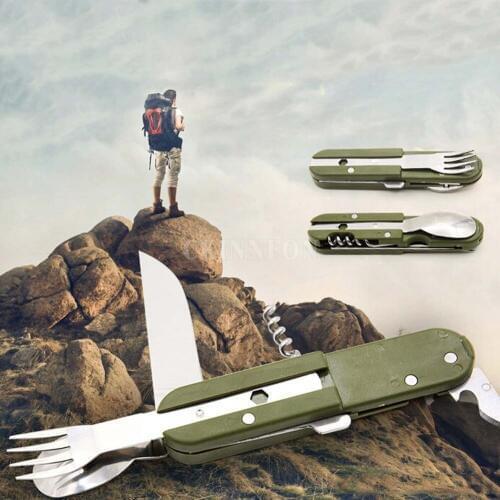 100Pcs/Lot Green Folding Portable Stainless Steel Camping Picnic Cutlery Fork Spoon Bottle Opener Flatware Tableware Travel Kit