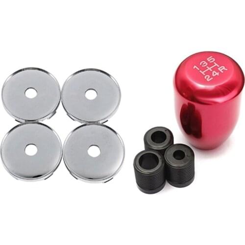 5 Pcs Car Accessories: 4 Pcs Wheel Center Hub Cap 60mm Tyre Trims & 1 Pcs 5 Speed Shift Knob Manual Gear Stick Shifter
