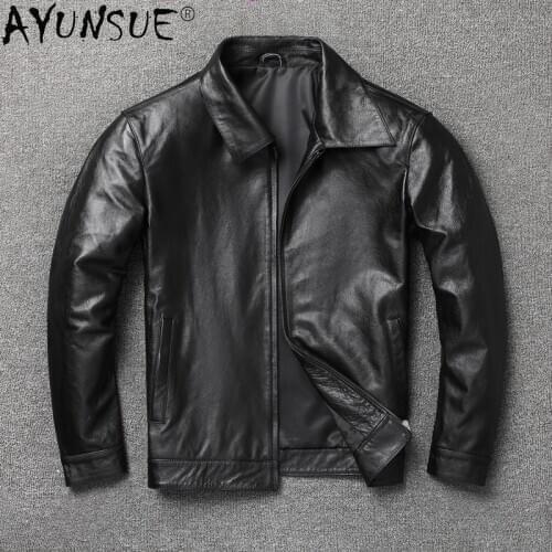 AYUNSUE Genuine Cow Leather Jacket Men Autumn Winter Calfskin Leather Coat Plus Size Jackets Chaqueta De Los Hombres KJ6647