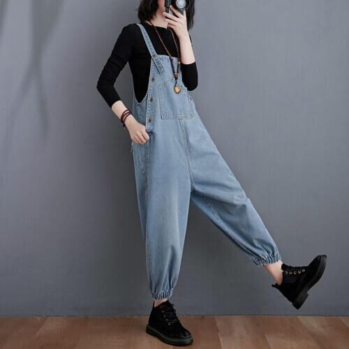 Denim Jumpsuits Women Big Size Baggy Drop Crotch cowboy Rompers Boyfriend Overalls Suspenders Harem jeans wide leg Joggers