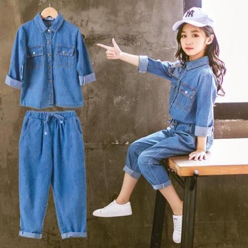 Girls long sleeve jean suit spring and autumn fashion cotton-padded trousers two pieces sets