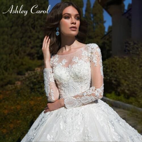 Ashley Carol Lace Ball Gown Wedding Dresses Long Sleeve Crystal Appliques Scoop Lace Up Cathedral Wedding Gowns Vestido De Noiva