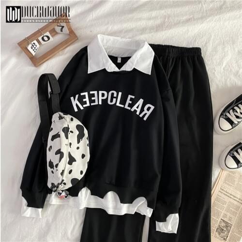 Duckwaver Women Turn-down Collar Hoodies Set Fall Winter 2 pieces sets for Women Plus size 2XL Sweatshirt and pant Tracksuit