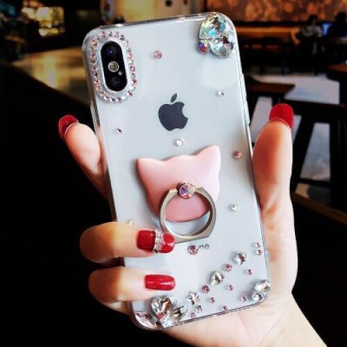 Fashion Diamond Transparent Cat Finger Ring Holder Stand Phone Cases For IPhone 11 12 Pro MAX X XS MAX XR 6 6S 7 8 Plus Cover