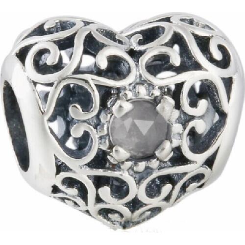 Fit Original Pandora Charms Bracelet June Grey Moonstone Birthstone 925 Sterling Silver Openwork Heart Charms Jewelry