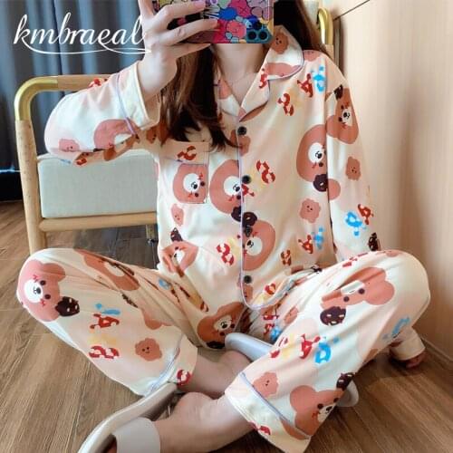 Pajamas for Women Autumn Spring Cotton Two Pieces Pyjama Sets Sleepwear Nightwear Girl bear Loose Thin Homewear Plus Size 2xl
