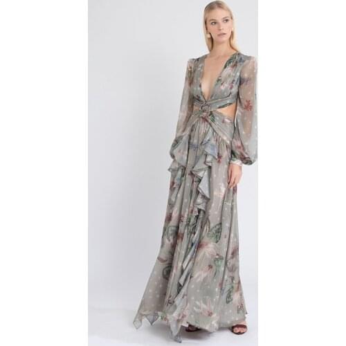 Chiffon Summer Womens Dress V Neck A-Line High Waist Slit Long Dress Elegant Printed Tea Length Ruffles Evening Dress Plus Size