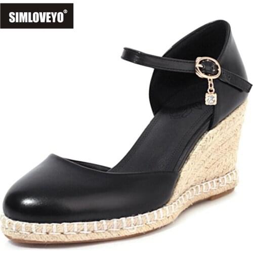 SIMLOVEYO 2021 Crystal Mary Janes Pumps Cover Heel Ankle Buckle Strap Rattan Wedges Round Toe 7.5cm Size 30-44 Green Beige A4168