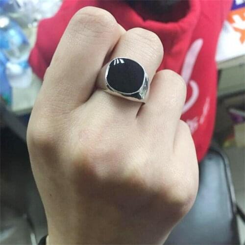 Uniqu Men Black Flat Solitaire Stone Silver Rings 18K White Gold Color Men Gift Never Fade Rock Fashion Punk Mens Jewelry R0378