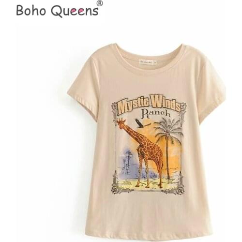 Boho Queens Women Short sleeve Cotton T-Shirt Tops ladies printed cotton bohemianTee Shirts