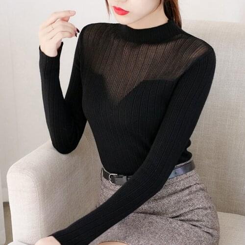 Lady Mesh Lace Splice Turtleneck Sexy Sweaters Women Elegant Long Sleeve Autumn Ribbed Pullovers Hollow Out Winter Jumpers 2020