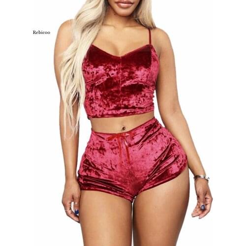 Womens Velvet 2 Piece Pajama Set Sexy Spaghetti Strap Camisole Sleeping Clothes Women Bodysuit Lingerie Red Nightwear