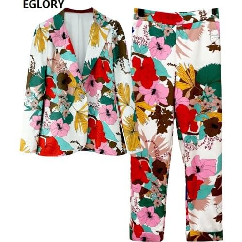 Top Quality New Womens Set 2020 Autumn Winter Blazer Suit Female Colorful Flower Print Blazer Coats+Skinny Pants Set 2 Piece