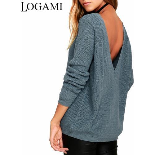 LOGAMI Back V Neck Sexy Sweater Women Pullover Knitted Long Sleeve Spring Autumn Sweaters And Pullovers