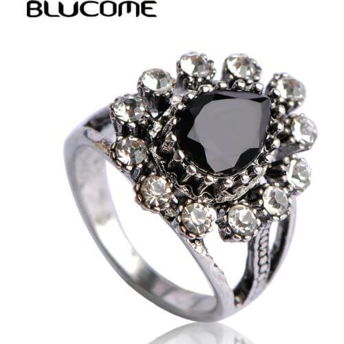 Blucome Luxury Classic Turkish Black Big Ring Resin Crystal Water Drop Rings Women Wedding Accessories Jewelry Gift Party Bijoux