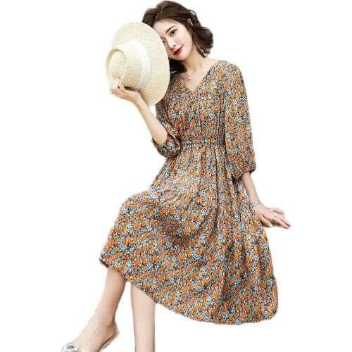 Vestidos Fashion Floral Chiffon Summer Dresses Ladies 2021 New Spring And Summer Gge-Reducing Temperament Mid-Length Slim Dress