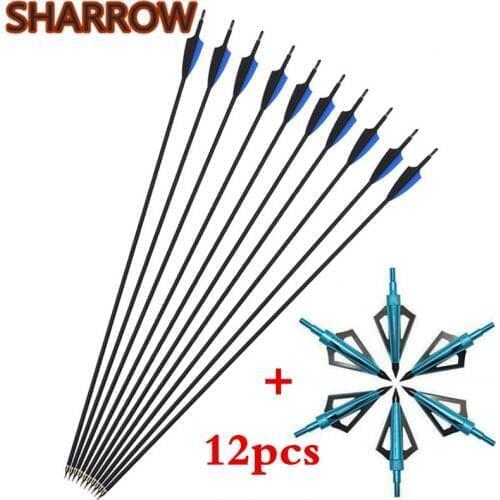 12Pcs 30" Archery Carbon Arrows SP 500 Replaceable Screw Arrow Points With Broadhead For Outdoor Hunting Shooting Accessories